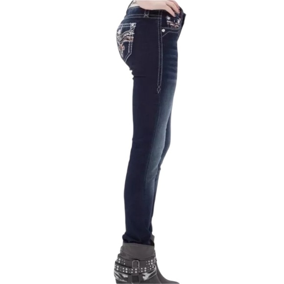 New Rock Revival Bling Jean Size 24 Mid Rise Skinny Stretch Nicci Dark Wash Read - Picture 2 of 14